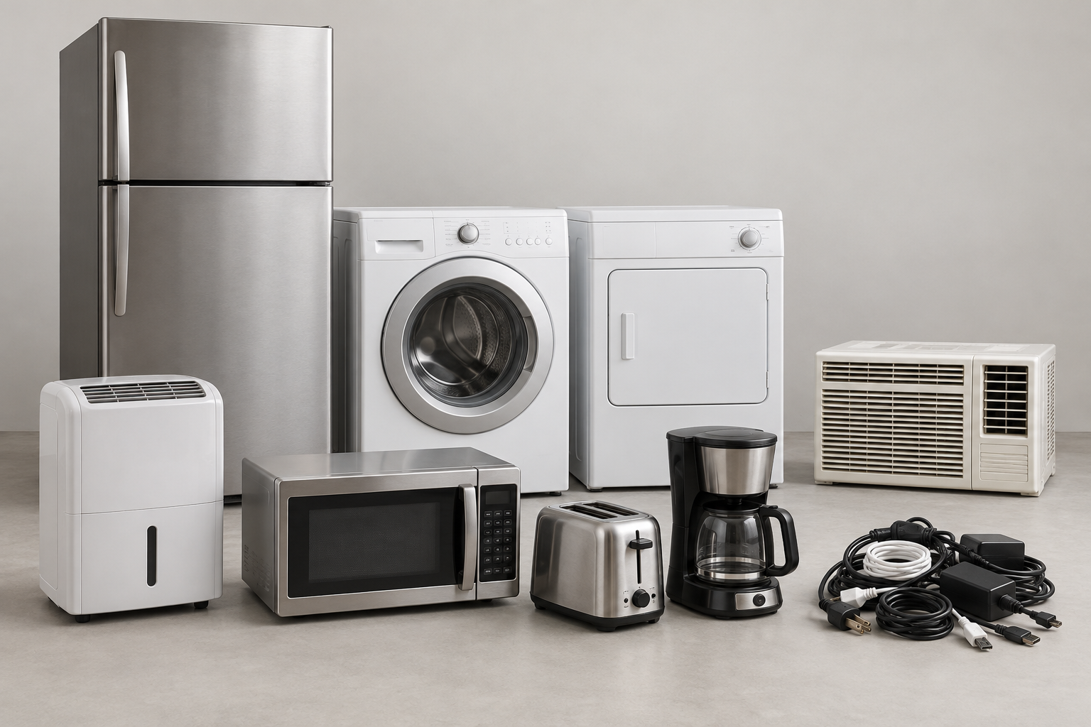 Accepted appliance examples: refrigerator, washer, dryer, air conditioner, dehumidifier, microwave, toaster, coffee maker and cords